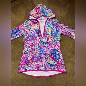 Lilly Pulitzer Luxletic Gabi Popover hoodie in the "Psychedelic Sunshine” print.